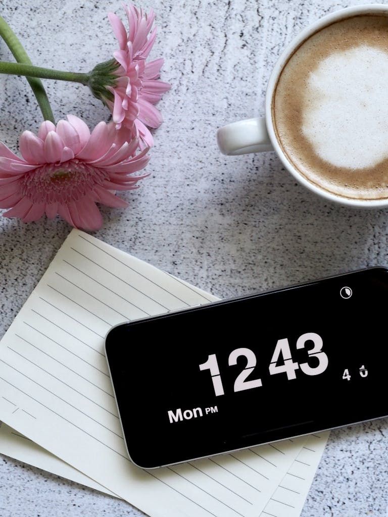 Aesthetic flat lay of a latte, pink flowers, and smartphone displaying time on a desk.